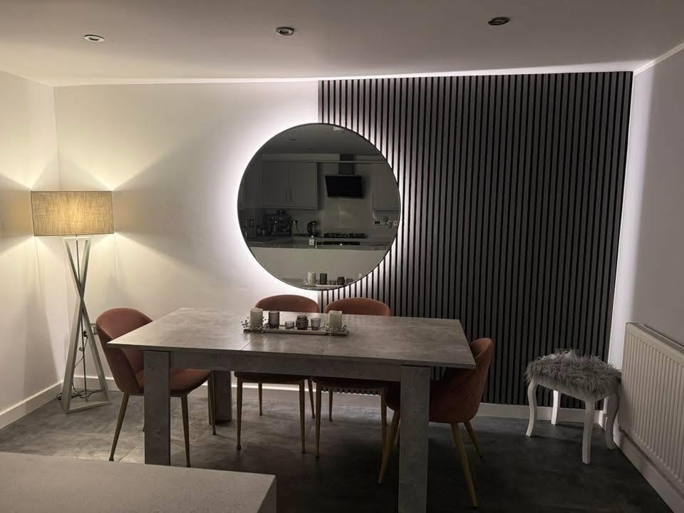 Acoustic Slat Dining Wall with Backlit Halo Mirror