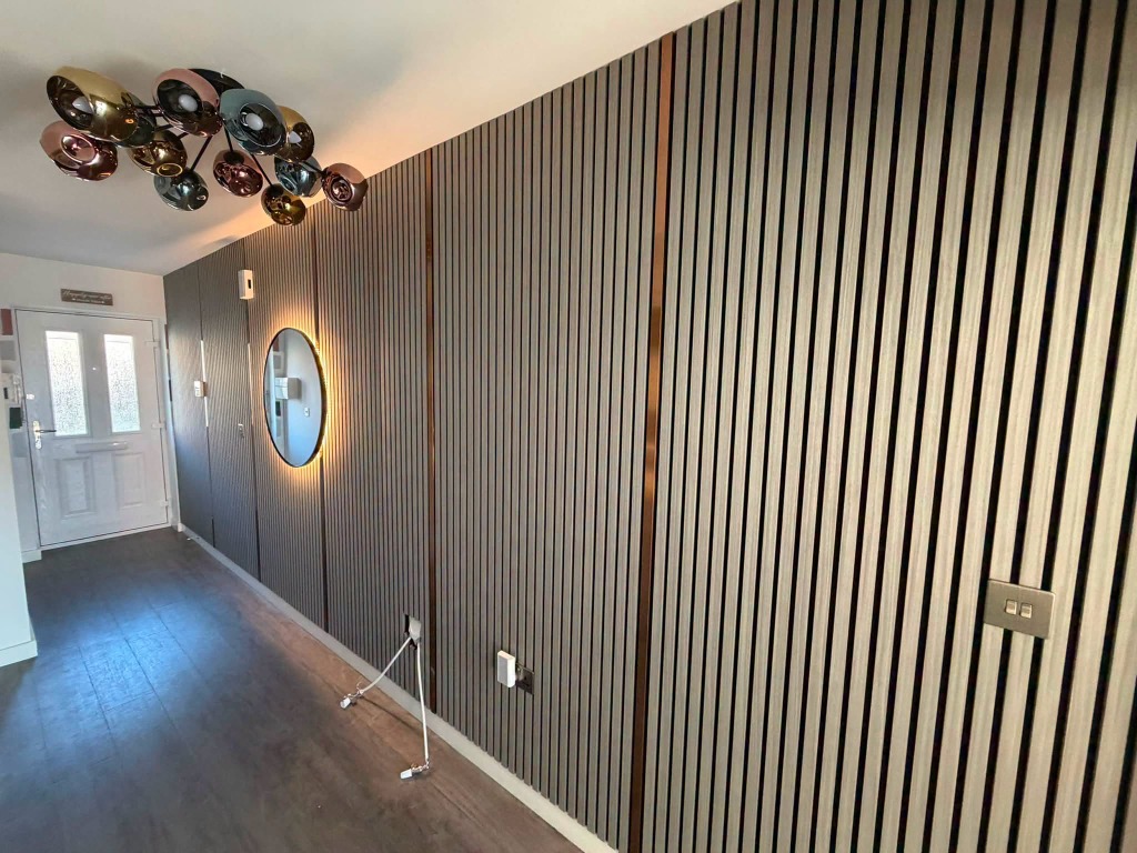 Hallway Acoustic Slat Panelling with Backlit Circular Mirror