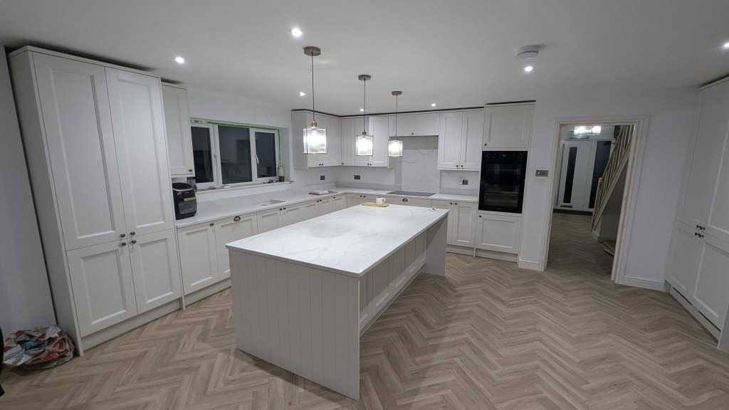 Open-Plan Waterfall Quartz Island Kitchen