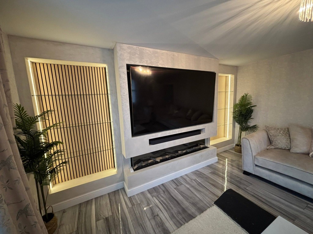 Venetian Marble and Illuminated Acoustic Slat Media Suite