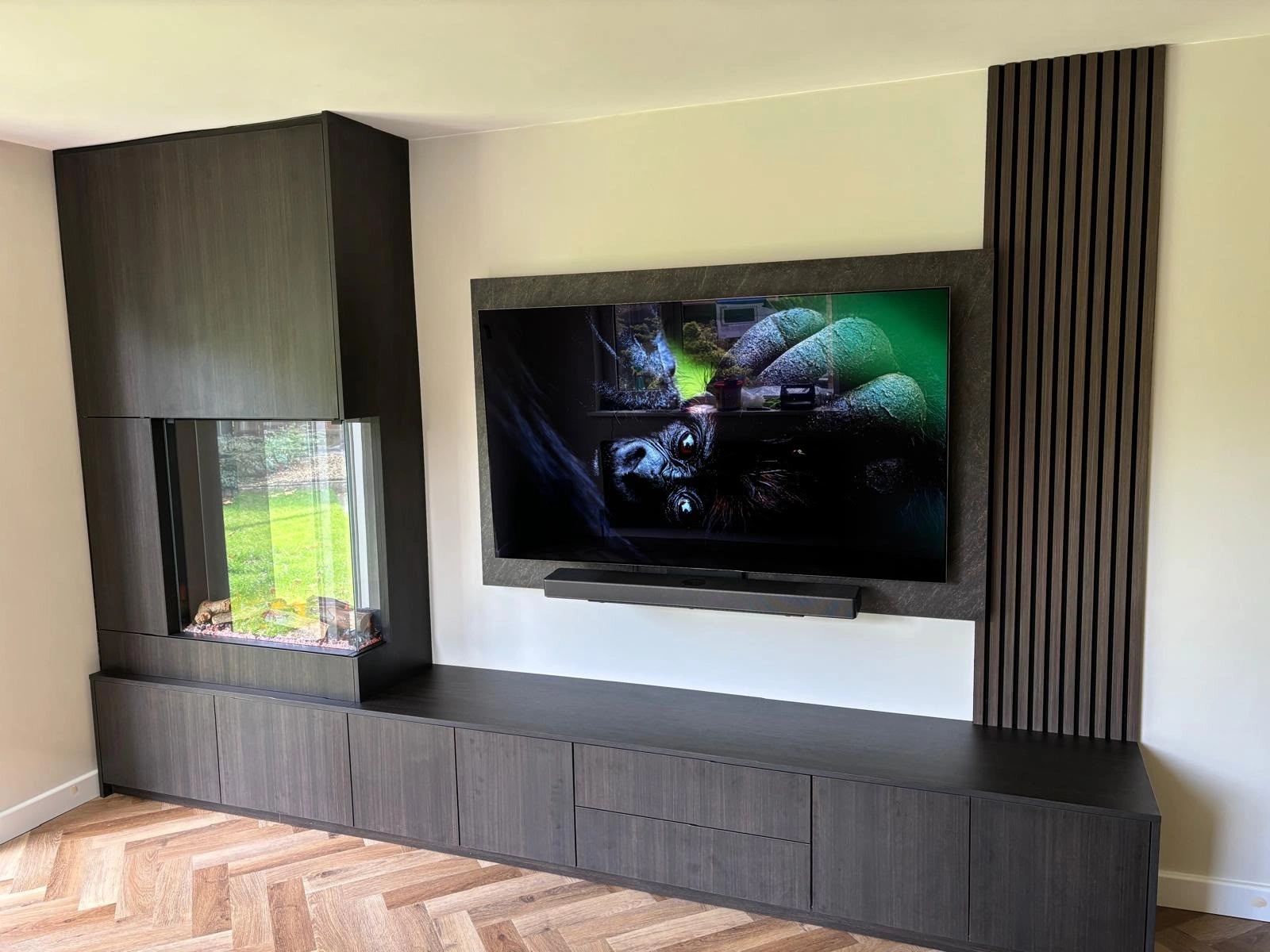 Contemporary Fumed Oak Media Suite with Glass Fireplace